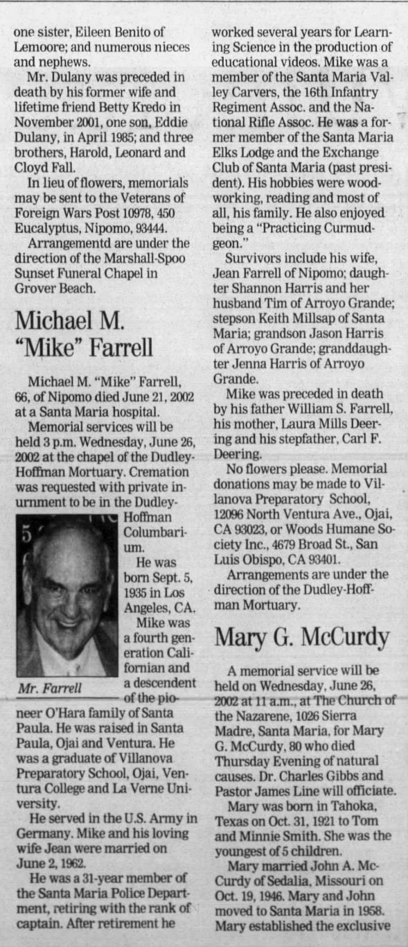 Michael M Farrell Obituary 66 yrs Santa Maria Times CA Jun 24 2002 pg 11